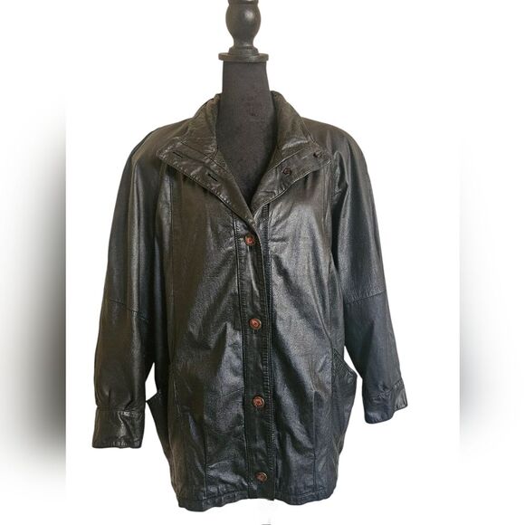 Vintage Pelle Women's Black Leather Button-down Jacket Size M - Picture 3 of 10